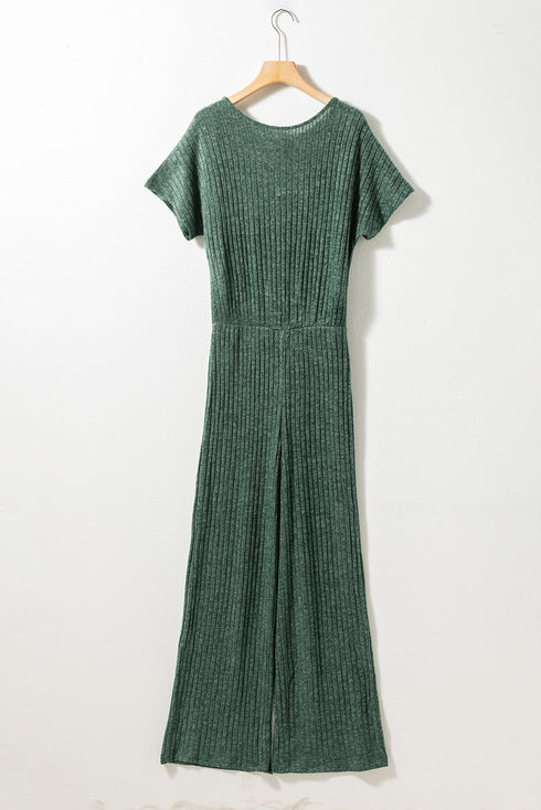 Ribbed Round Neckline Short Sleeve Wide Leg Pocketed Jumpsuit